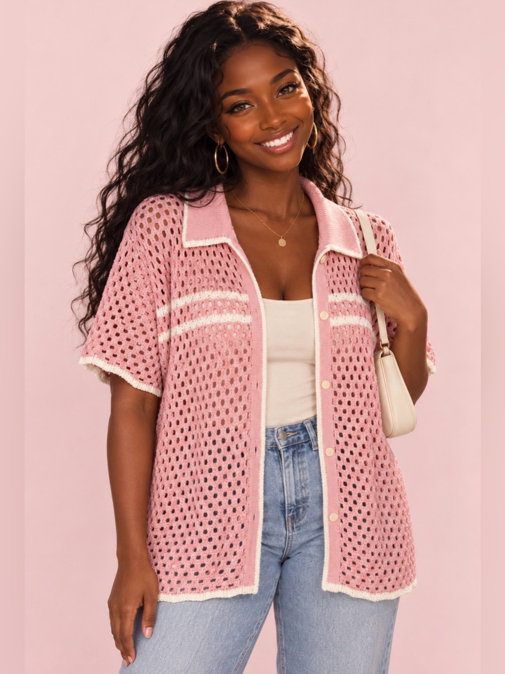 Pink Crochet Short-Sleeve Cardigan – XL